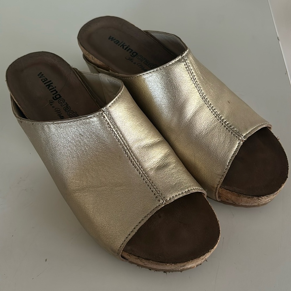 Walking Cradle platform GOLD wedge sandals.